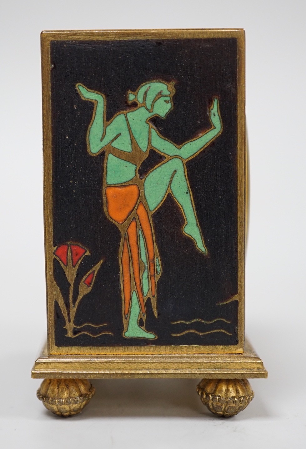A Zenith champleve enamel Egyptianesque travelling alarm clock in case, 10cm total height
